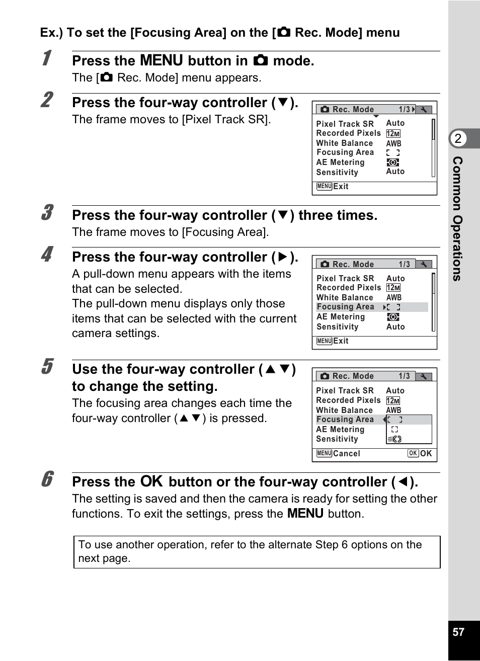 Press the 3 button in a mode, Press the four-way controller ( 3 ), Press the four-way controller ( 3 ) three times | Press the four-way controller ( 5 ) | Pentax Optio P70 User Manual | Page 59 / 256