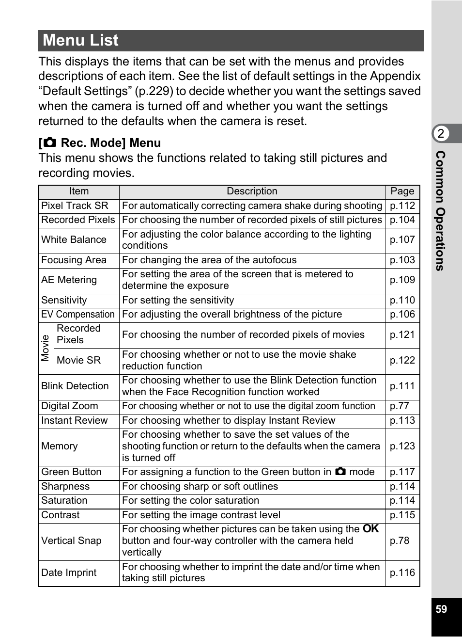 Menu list | Pentax Optio P70 User Manual | Page 61 / 256