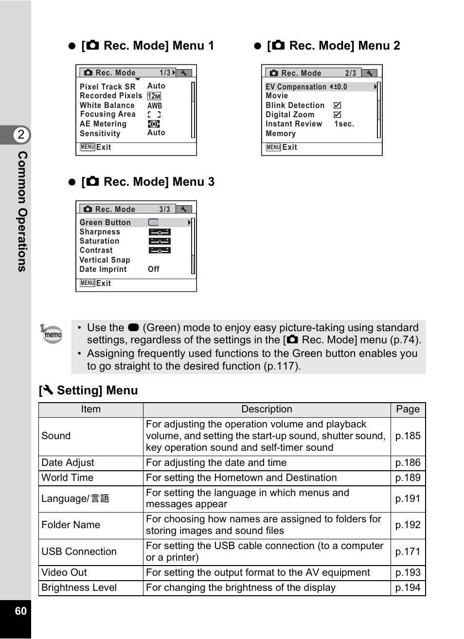 A rec. mode] menu 1, A rec. mode] menu 2, A rec. mode] menu 3 | Pentax Optio P70 User Manual | Page 62 / 256