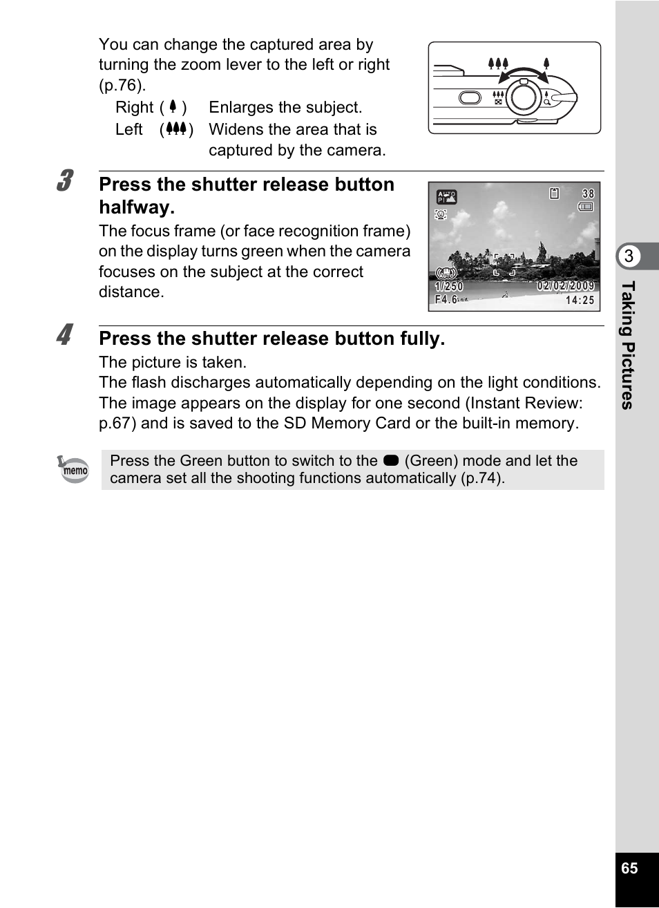Y (p.65), Press the shutter release button halfway, Press the shutter release button fully | 3ta king pict ures | Pentax Optio P70 User Manual | Page 67 / 256