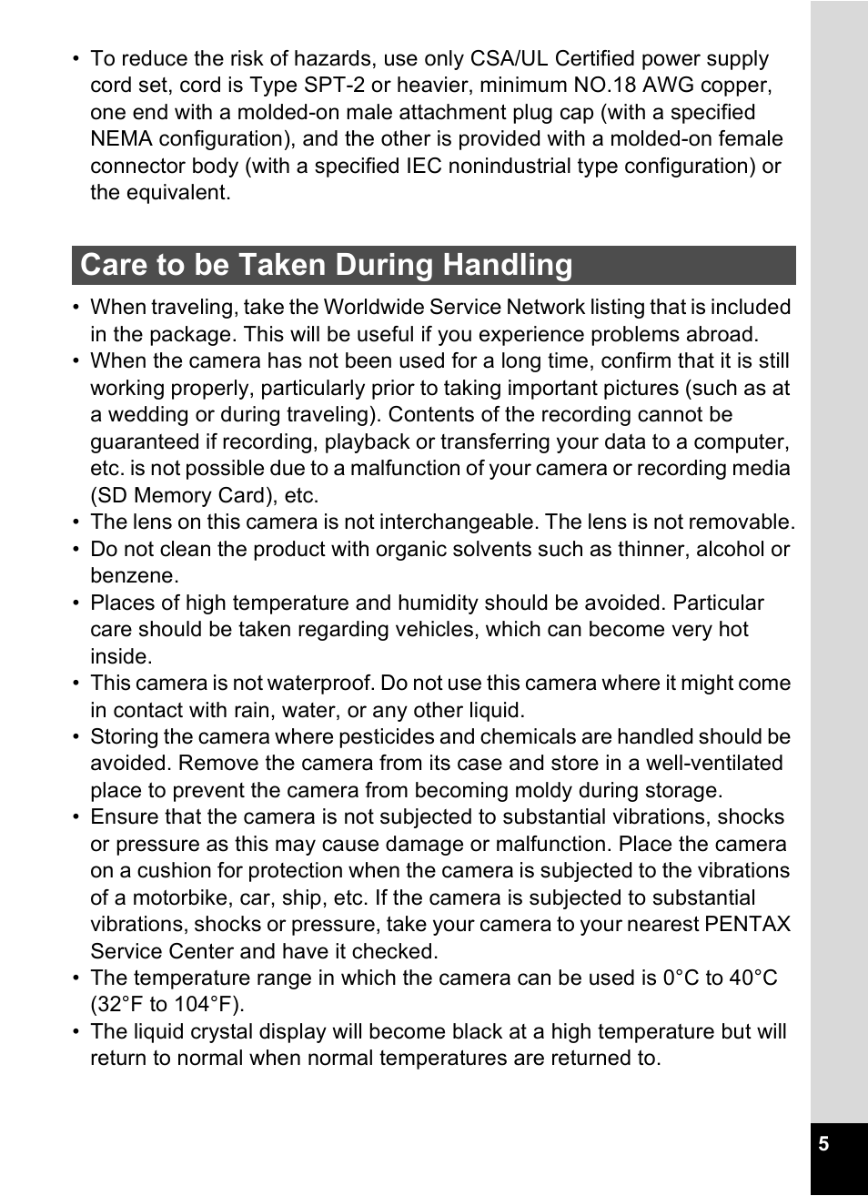 Care to be taken during handling | Pentax Optio P70 User Manual | Page 7 / 256