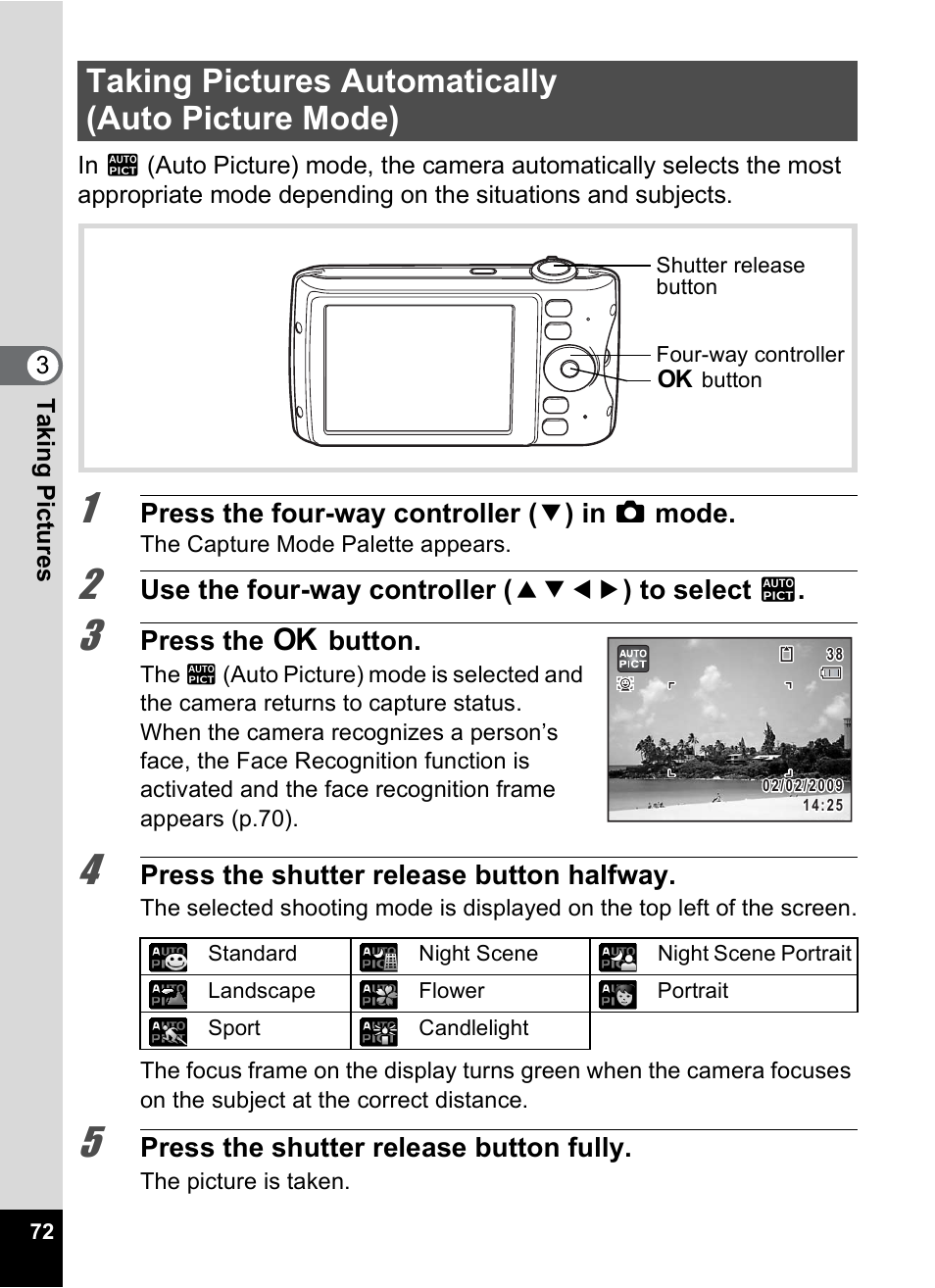Taking pictures automatically (auto picture mode), P.72), P.72 | Pentax Optio P70 User Manual | Page 74 / 256