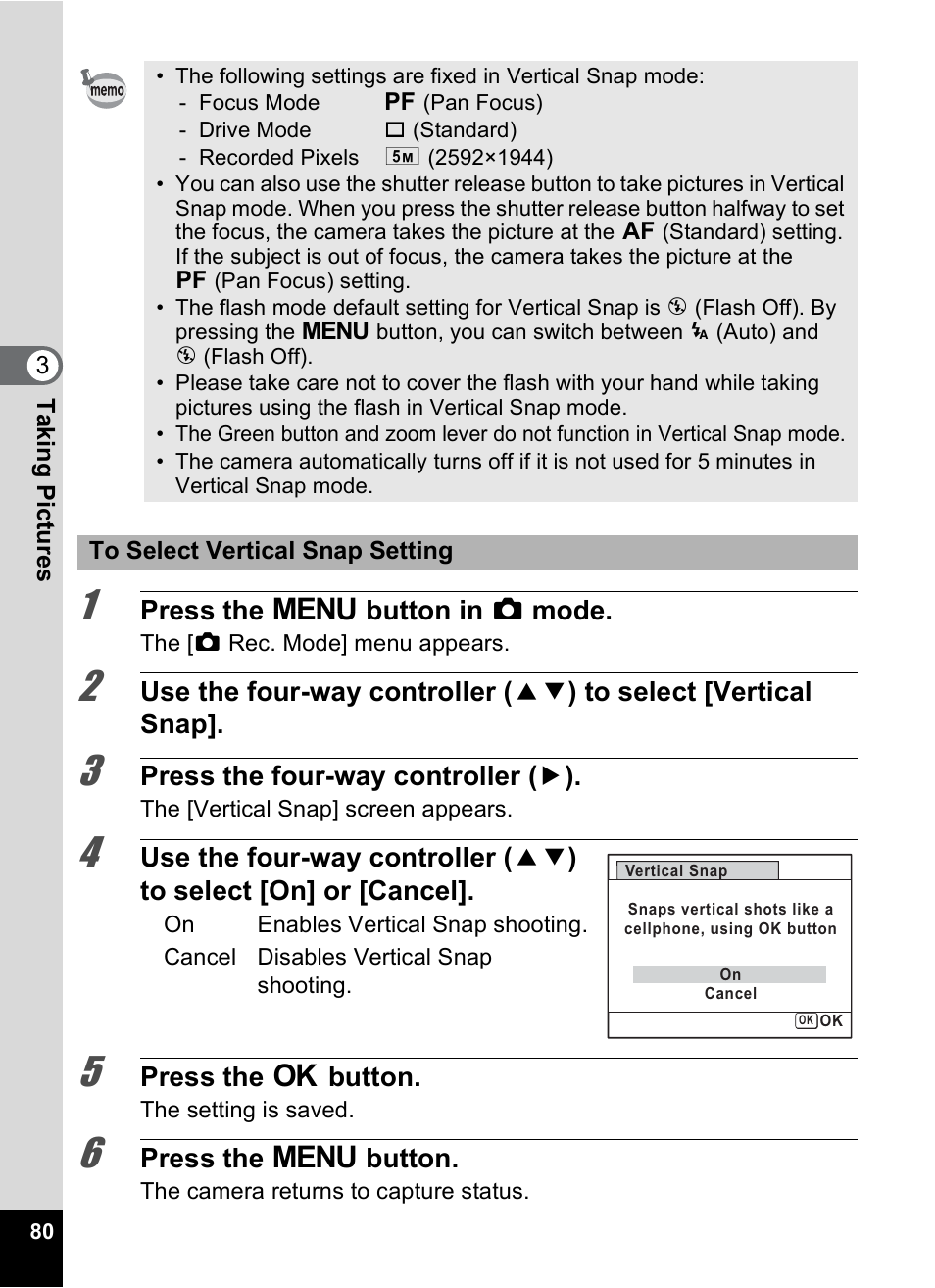 Eps in “to select vertical, Snap setting” (1p.80), P.80 | E “to select vertical snap setting” (p.80) | Pentax Optio P70 User Manual | Page 82 / 256