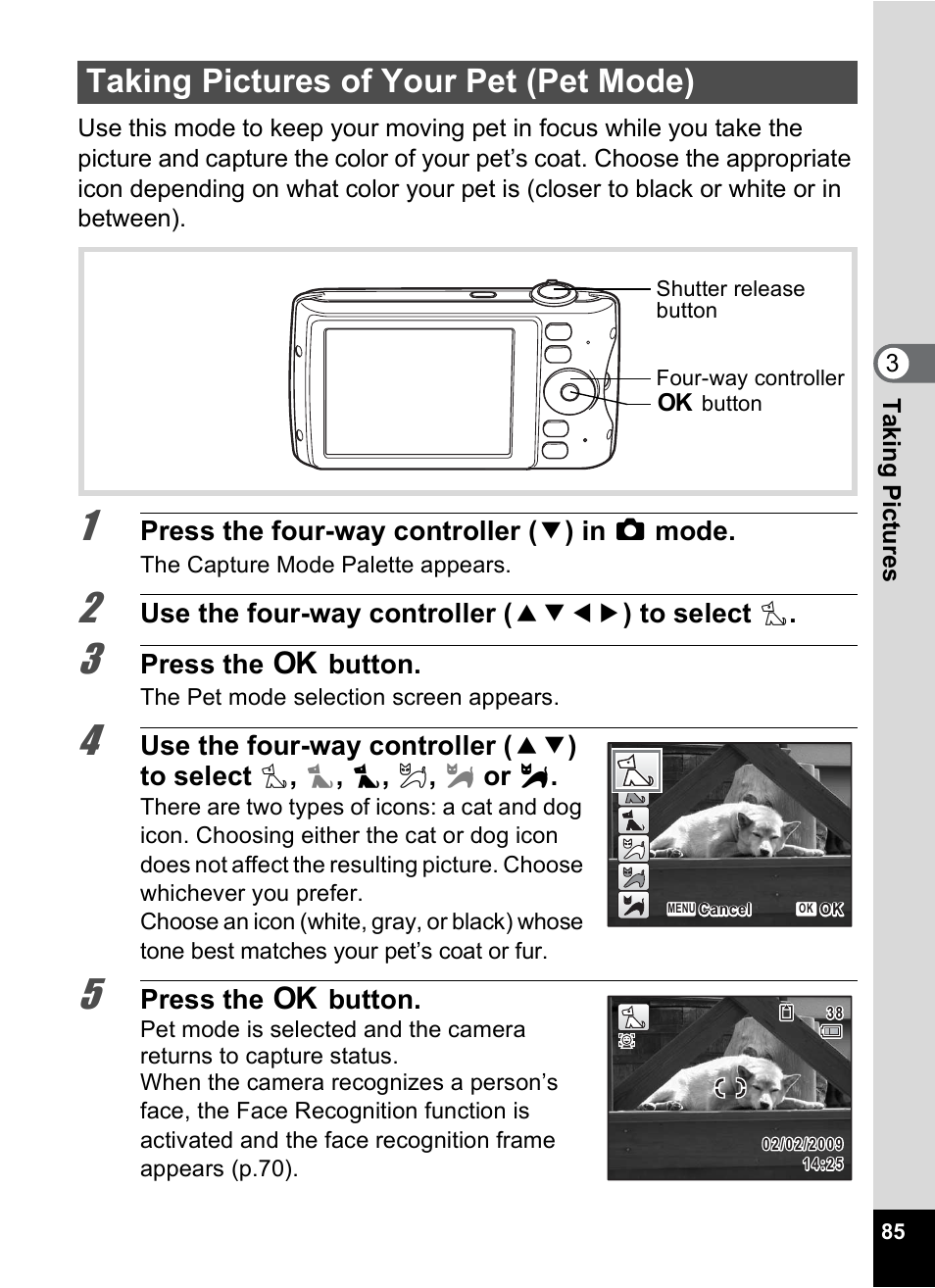 Taking pictures of your pet (pet mode), P.85 | Pentax Optio P70 User Manual | Page 87 / 256