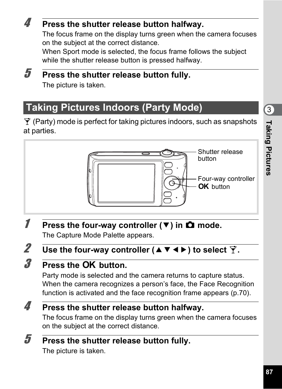 Taking pictures indoors (party mode), P.87 | Pentax Optio P70 User Manual | Page 89 / 256