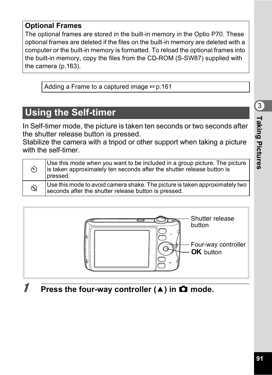 Using the self-timer, P.91, P.91, p | Pentax Optio P70 User Manual | Page 93 / 256