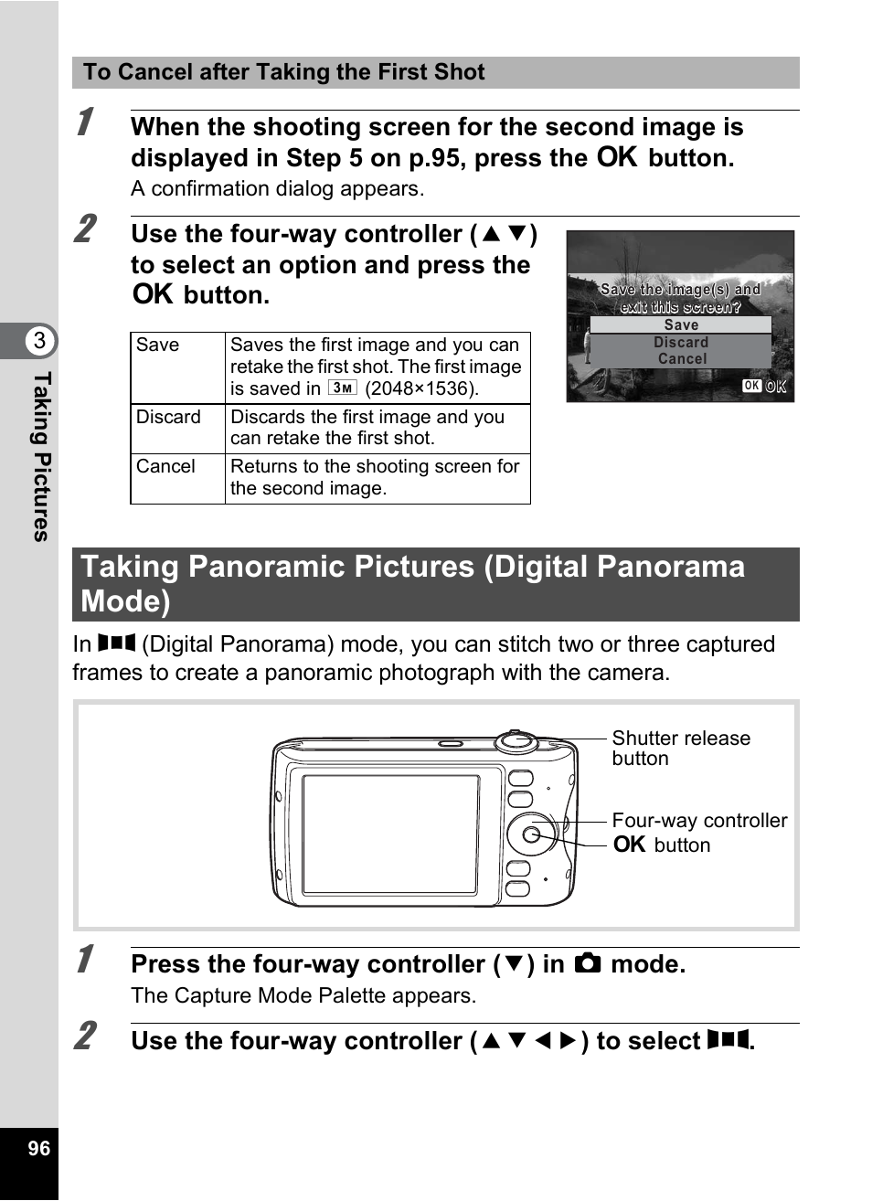 Taking panoramic pictures (digital panorama mode), P.96, Press the four-way controller ( 3 ) in a mode | Use the four-way controller ( 2345 ) to select f | Pentax Optio P70 User Manual | Page 98 / 256