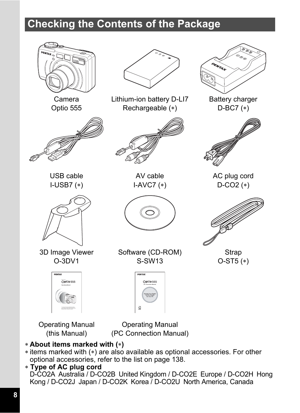 Checking the contents of the package | Pentax Optio 555 User Manual | Page 10 / 144