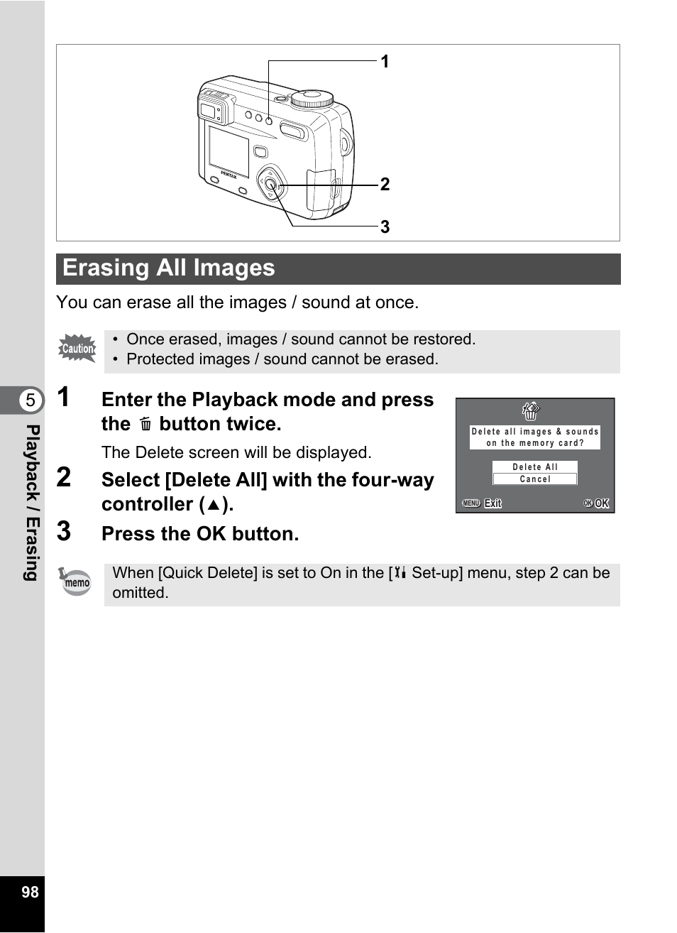 Erasing all images, Enter the playback mode and press the, Button twice | Select [delete all] with the four-way controller, Press the ok button | Pentax Optio 555 User Manual | Page 100 / 144