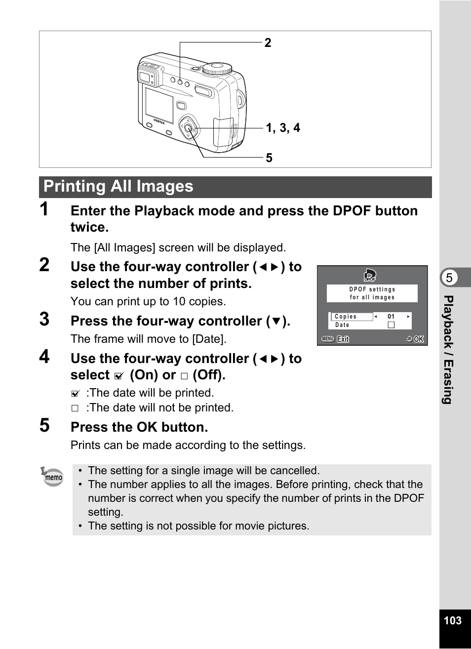 Printing all images, Use the four-way controller, Press the four-way controller | On) or, Off), Press the ok button | Pentax Optio 555 User Manual | Page 105 / 144