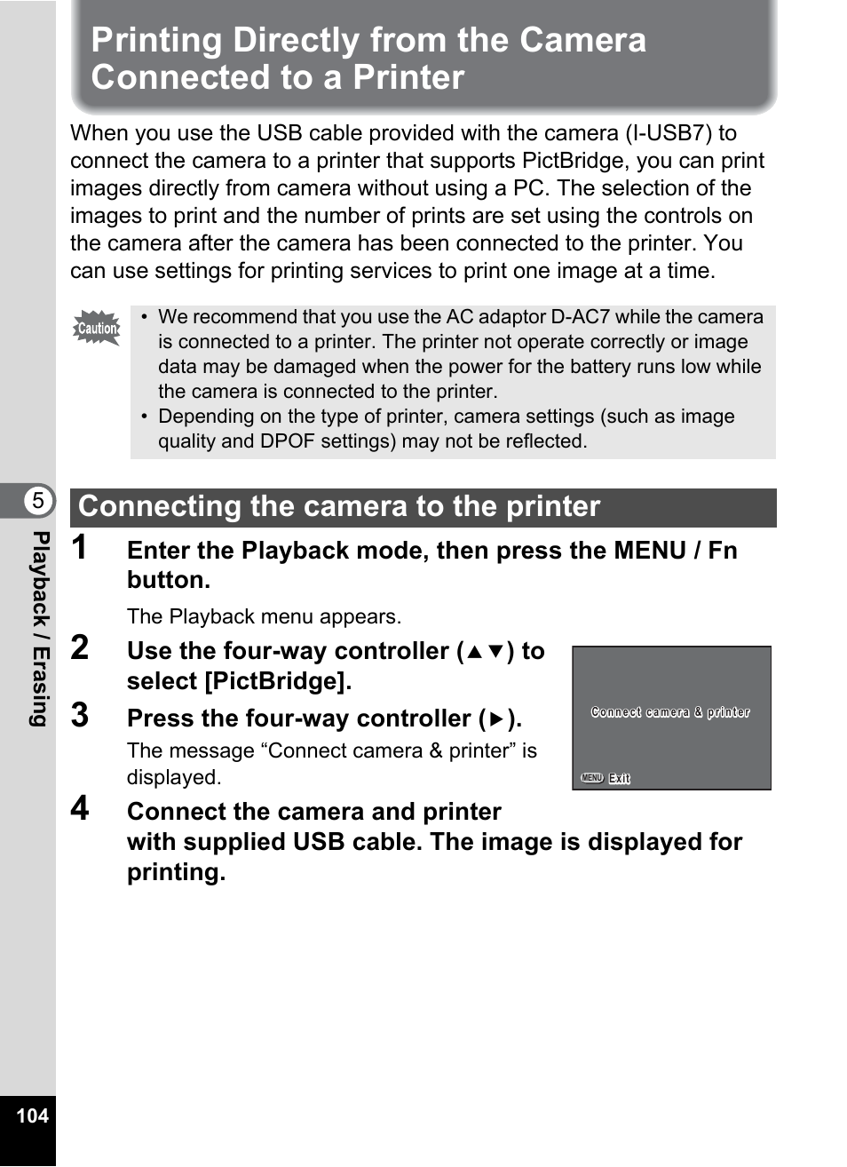 Connecting the camera to the printer, P.104 | Pentax Optio 555 User Manual | Page 106 / 144