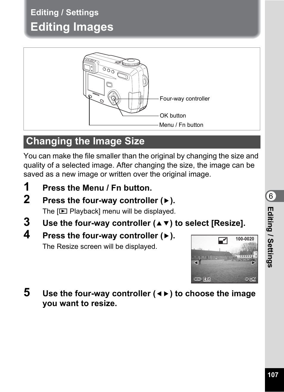 Editing / settings, Editing images, Changing the image size | P.107 | Pentax Optio 555 User Manual | Page 109 / 144