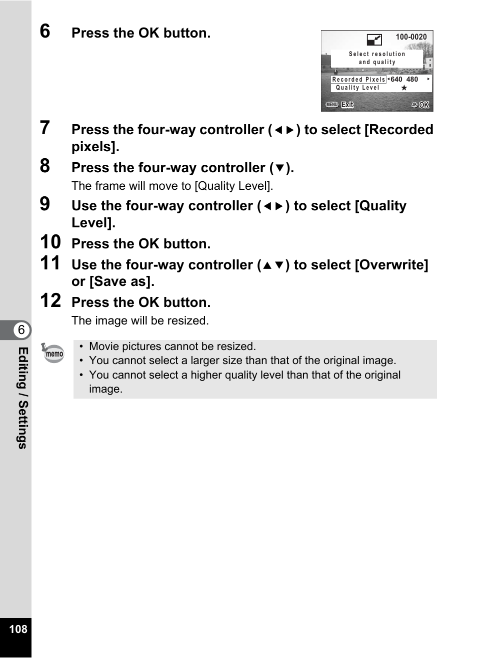 Press the ok button, Press the four-way controller, Use the four-way controller | Pentax Optio 555 User Manual | Page 110 / 144