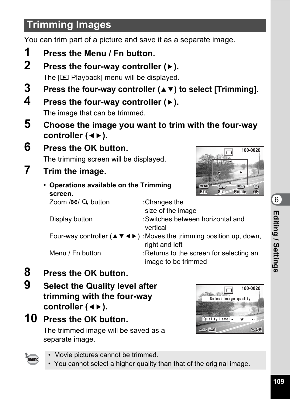 Trimming images, P.109, Press the menu / fn button | Press the four-way controller, Press the ok button, Trim the image | Pentax Optio 555 User Manual | Page 111 / 144