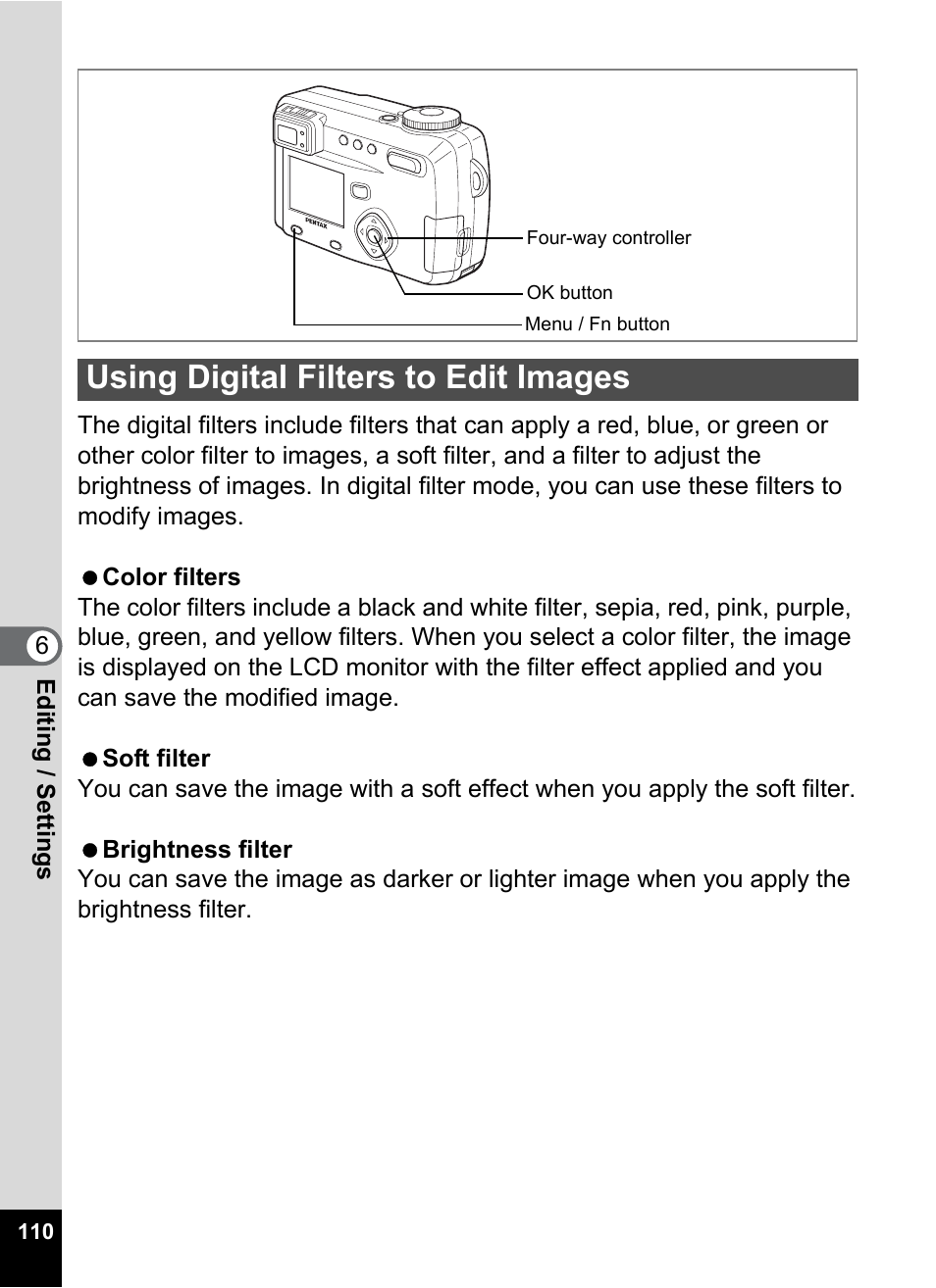 Using digital filters to edit images, P.110 | Pentax Optio 555 User Manual | Page 112 / 144