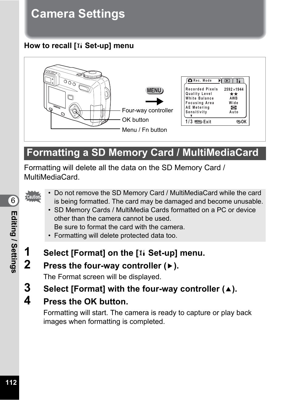 Camera settings, Formatting a sd memory card / multimediacard, P.112 | Select [format] on the, Set-up] menu, Press the four-way controller, Select [format] with the four-way controller, Press the ok button | Pentax Optio 555 User Manual | Page 114 / 144