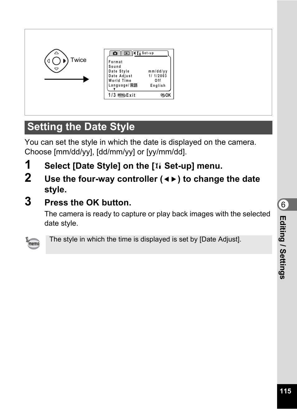 Setting the date style, P.115, Select [date style] on the | Set-up] menu, Use the four-way controller, Press the ok button | Pentax Optio 555 User Manual | Page 117 / 144