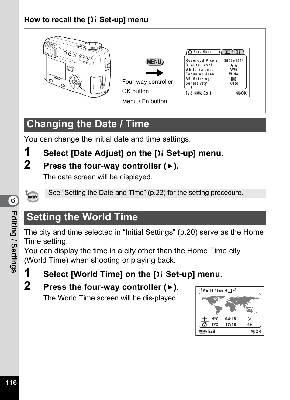 Changing the date / time, Setting the world time, To “setting | The world time” (p.116), To “setting the world time” (p.116), P.116, Select [date adjust] on the, Set-up] menu, Press the four-way controller, Select [world time] on the | Pentax Optio 555 User Manual | Page 118 / 144
