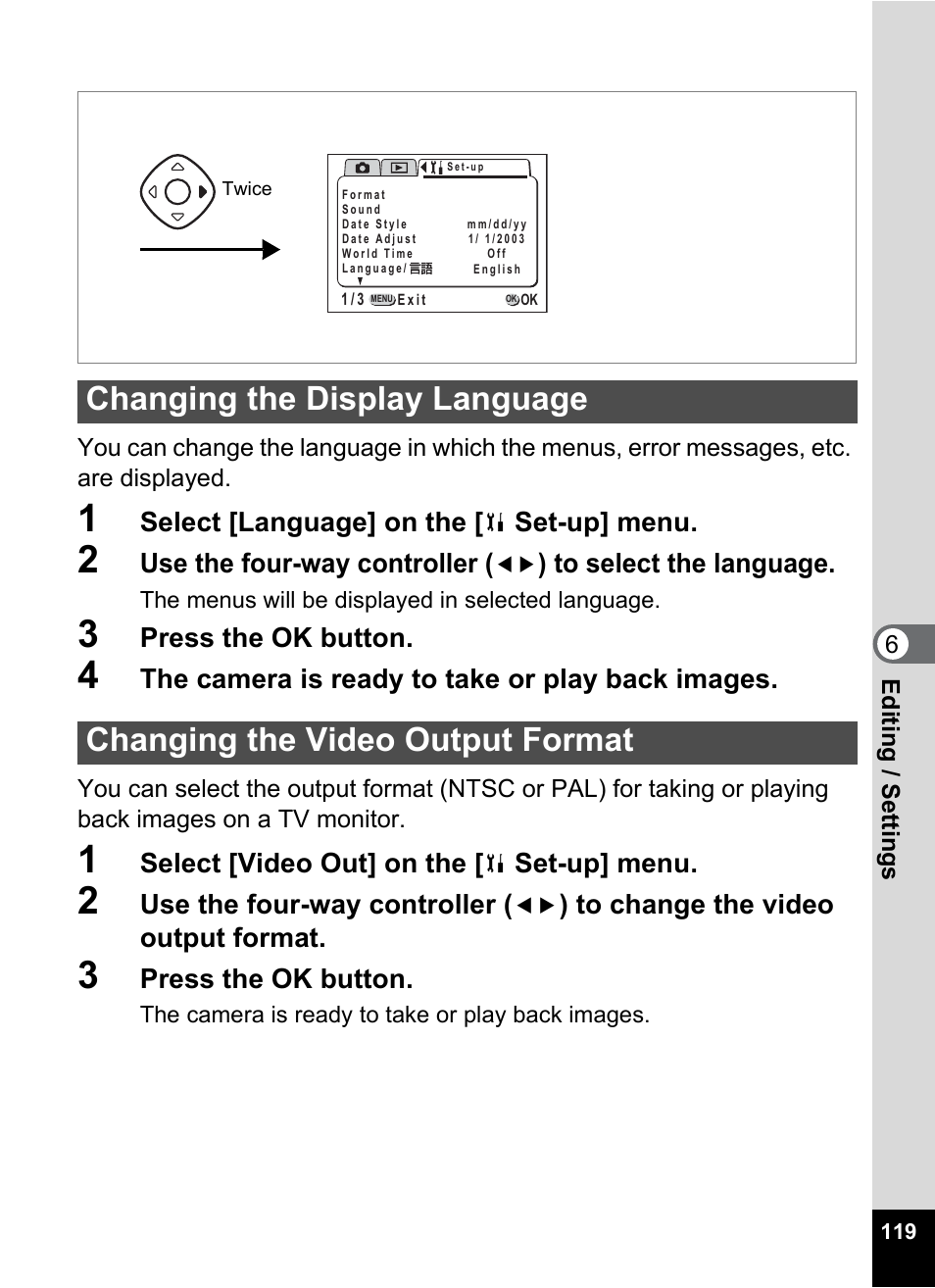 Changing the display language, Changing the video output format, P.119 | Pentax Optio 555 User Manual | Page 121 / 144