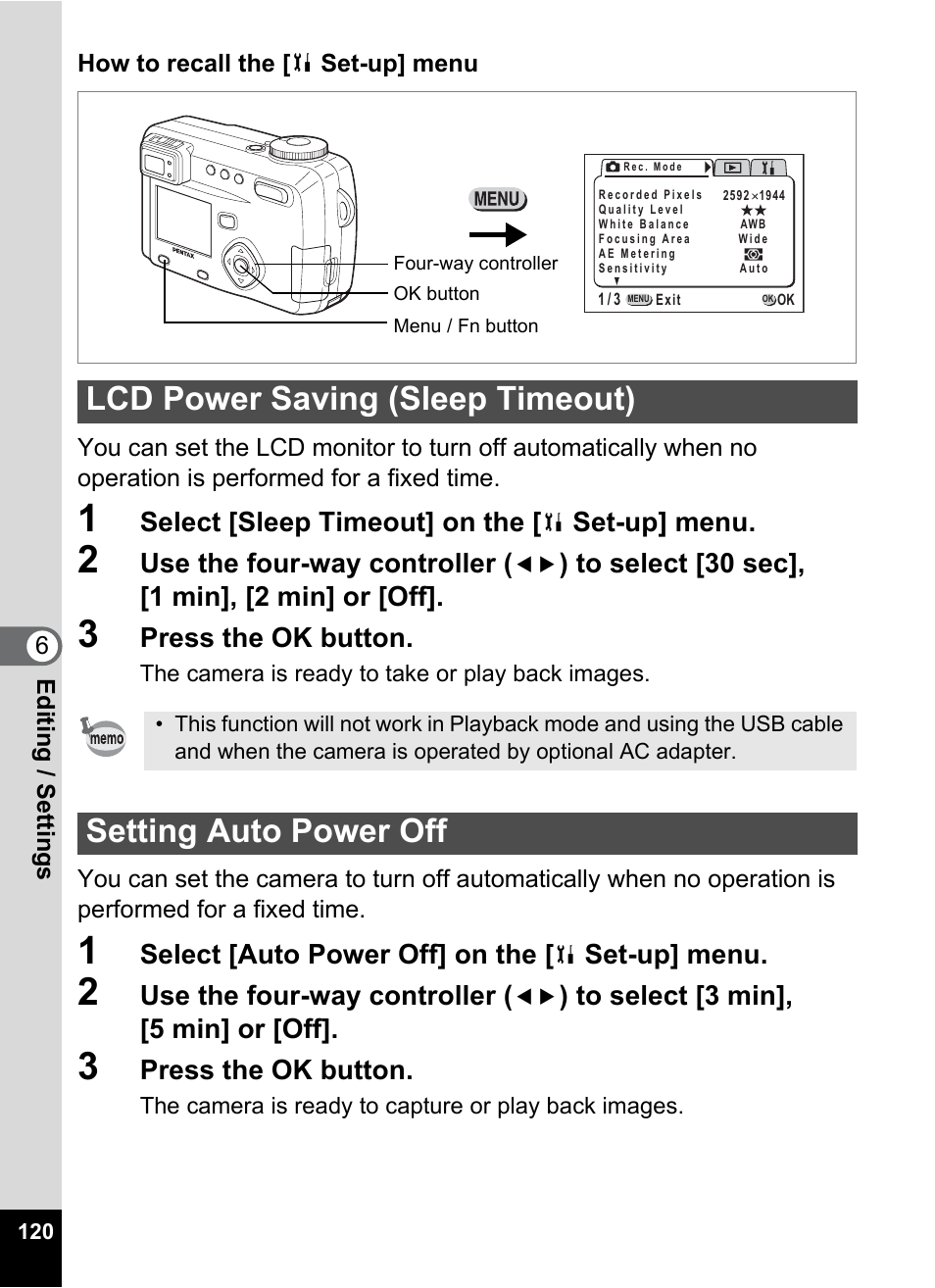Lcd power saving (sleep timeout), Setting auto power off, P.120 | Pentax Optio 555 User Manual | Page 122 / 144