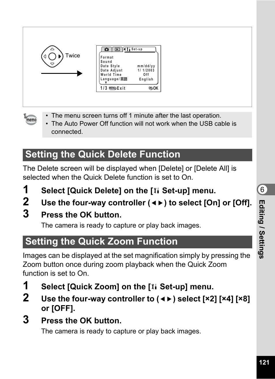Setting the quick delete function, Setting the quick zoom function, P.121 | Pentax Optio 555 User Manual | Page 123 / 144