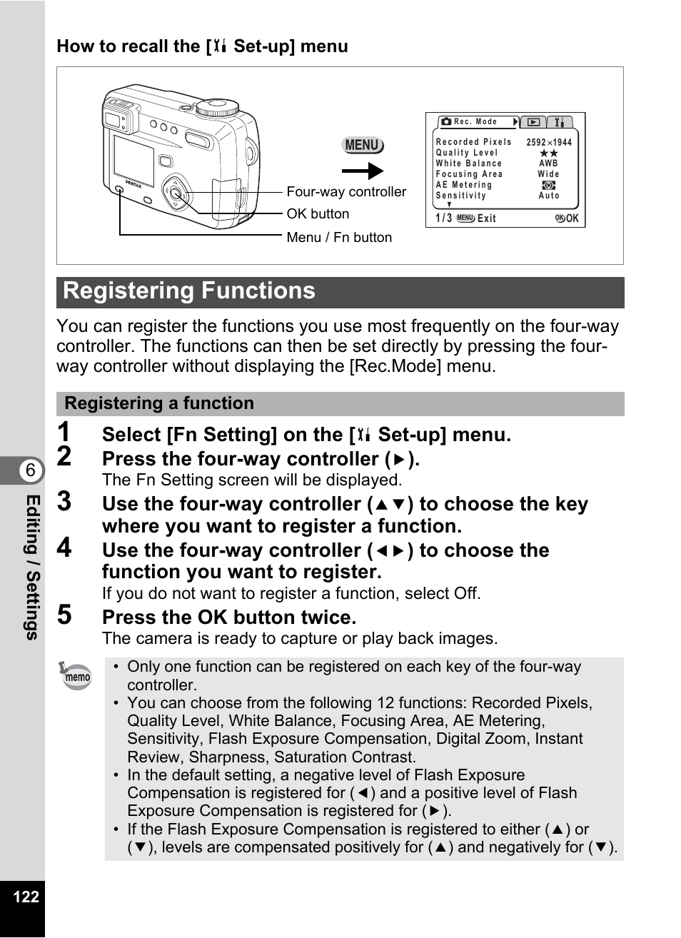 Registering functions, P.122, Select [fn setting] on the | Set-up] menu, Press the four-way controller, Use the four-way controller, Press the ok button twice | Pentax Optio 555 User Manual | Page 124 / 144