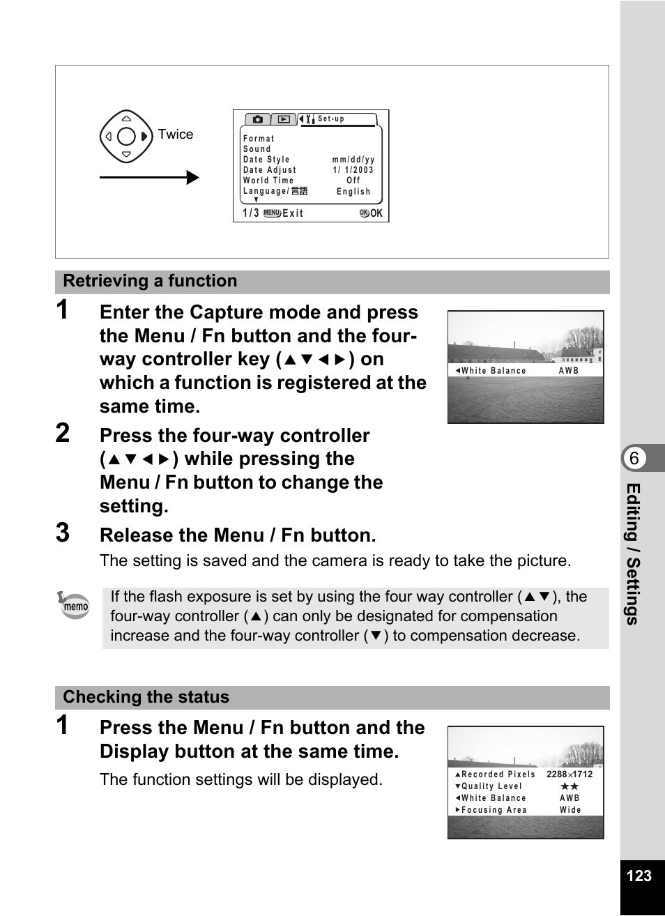 On which a function is registered at the same time, Press the four-way controller, Release the menu / fn button | 6edi tin g / setti ng s, Retrieving a function, Checking the status | Pentax Optio 555 User Manual | Page 125 / 144