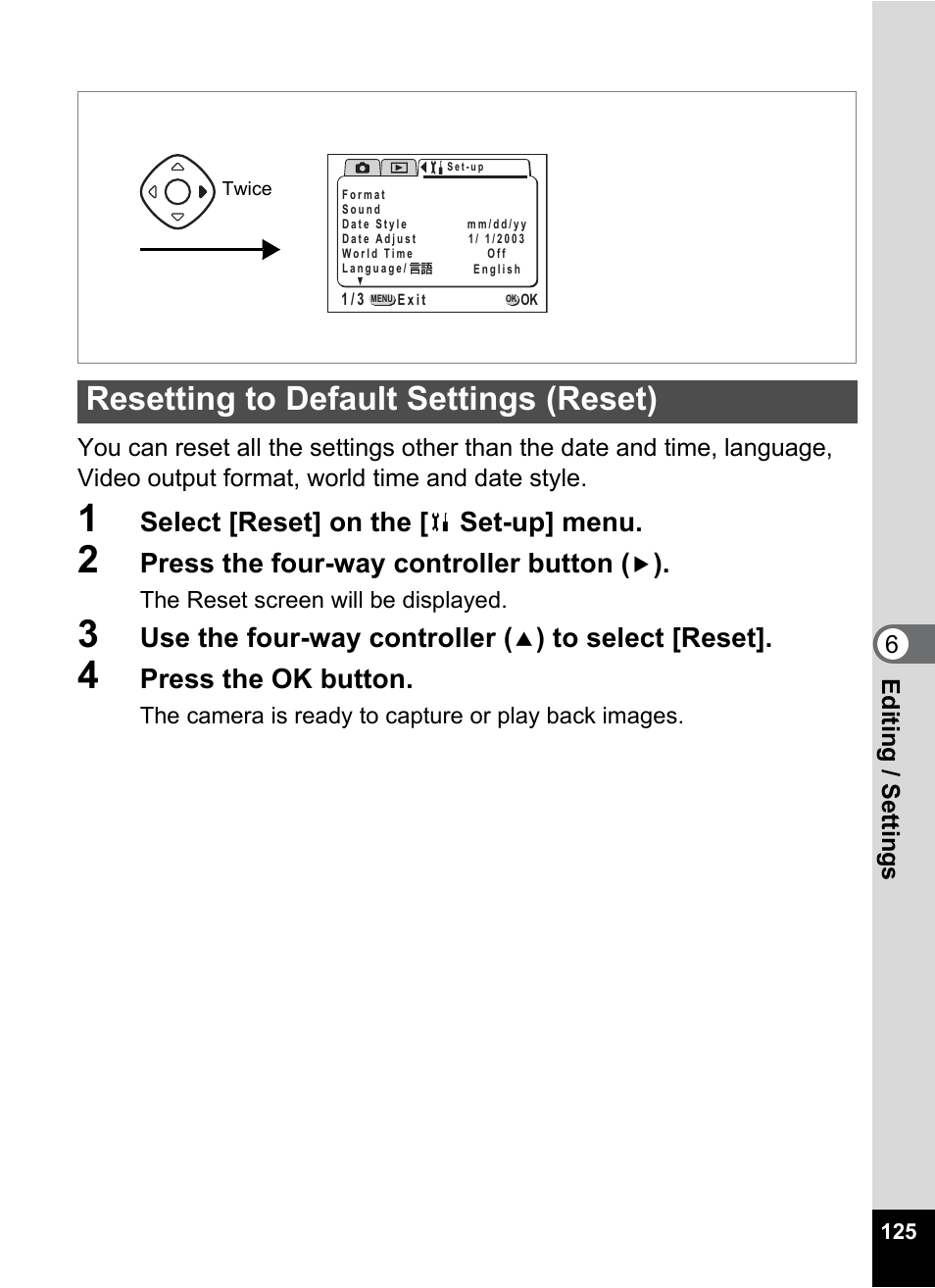 Resetting to default settings (reset), P.125, Select [reset] on the | Set-up] menu, Press the four-way controller button, Use the four-way controller, Press the ok button | Pentax Optio 555 User Manual | Page 127 / 144