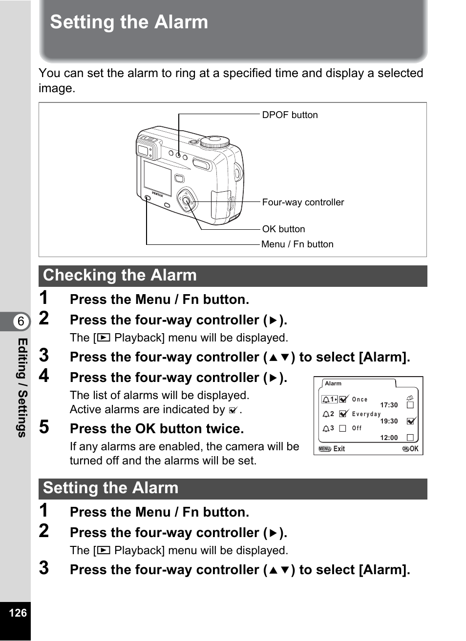 Setting the alarm, Checking the alarm, P.126 | Checking the alarm setting the alarm | Pentax Optio 555 User Manual | Page 128 / 144