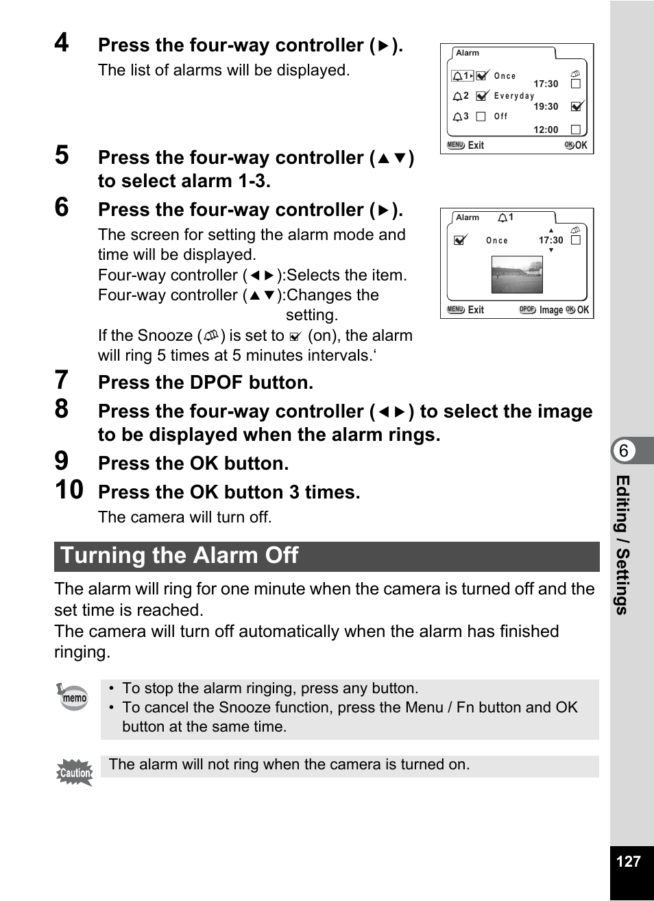Turning the alarm off, Press the four-way controller, Press the dpof button | Press the ok button, Press the ok button 3 times | Pentax Optio 555 User Manual | Page 129 / 144