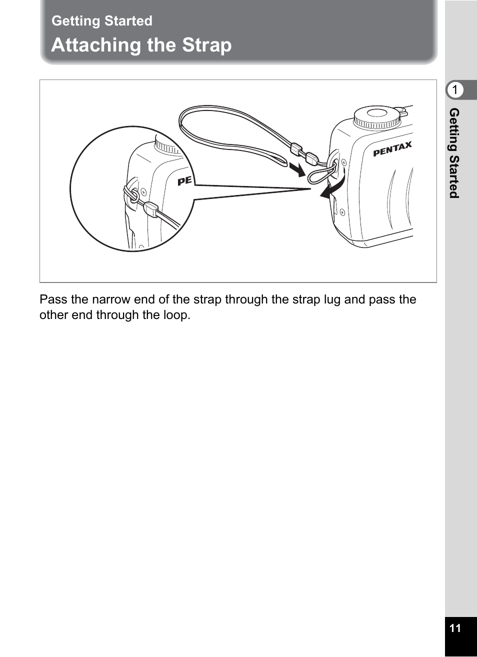 Getting started, Attaching the strap | Pentax Optio 555 User Manual | Page 13 / 144