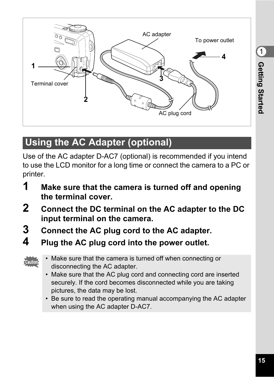 Using the ac adapter (optional) | Pentax Optio 555 User Manual | Page 17 / 144