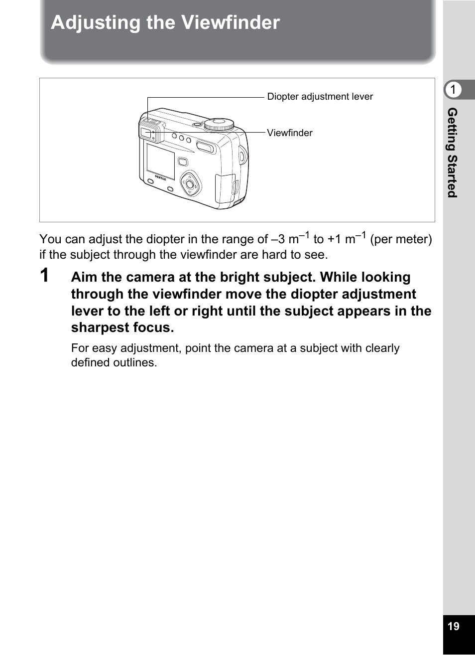 Adjusting the viewfinder | Pentax Optio 555 User Manual | Page 21 / 144
