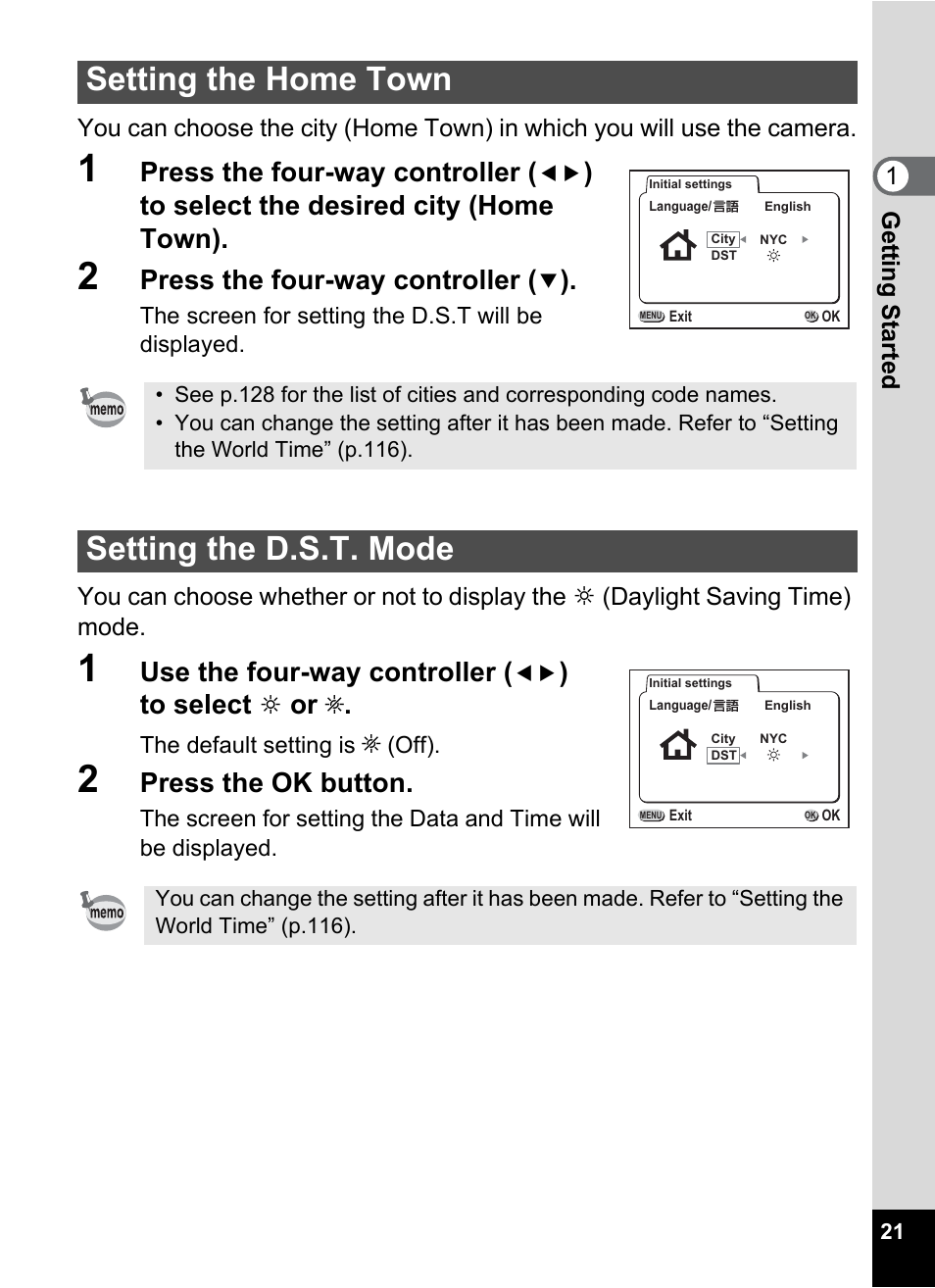 Setting the home town, Setting the d.s.t. mode, Press the four-way controller | Use the four-way controller, Press the ok button | Pentax Optio 555 User Manual | Page 23 / 144
