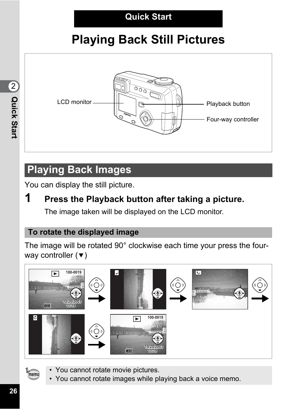 Playing back images, Playing back still pictures, Quick start | Press the playback button after taking a picture, 2qu ick start, You can display the still picture | Pentax Optio 555 User Manual | Page 28 / 144
