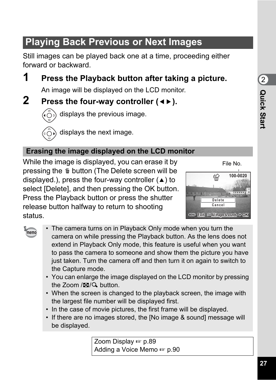 Playing back previous or next images, Press the playback button after taking a picture, Press the four-way controller | Erasing the image displayed on the lcd monitor | Pentax Optio 555 User Manual | Page 29 / 144