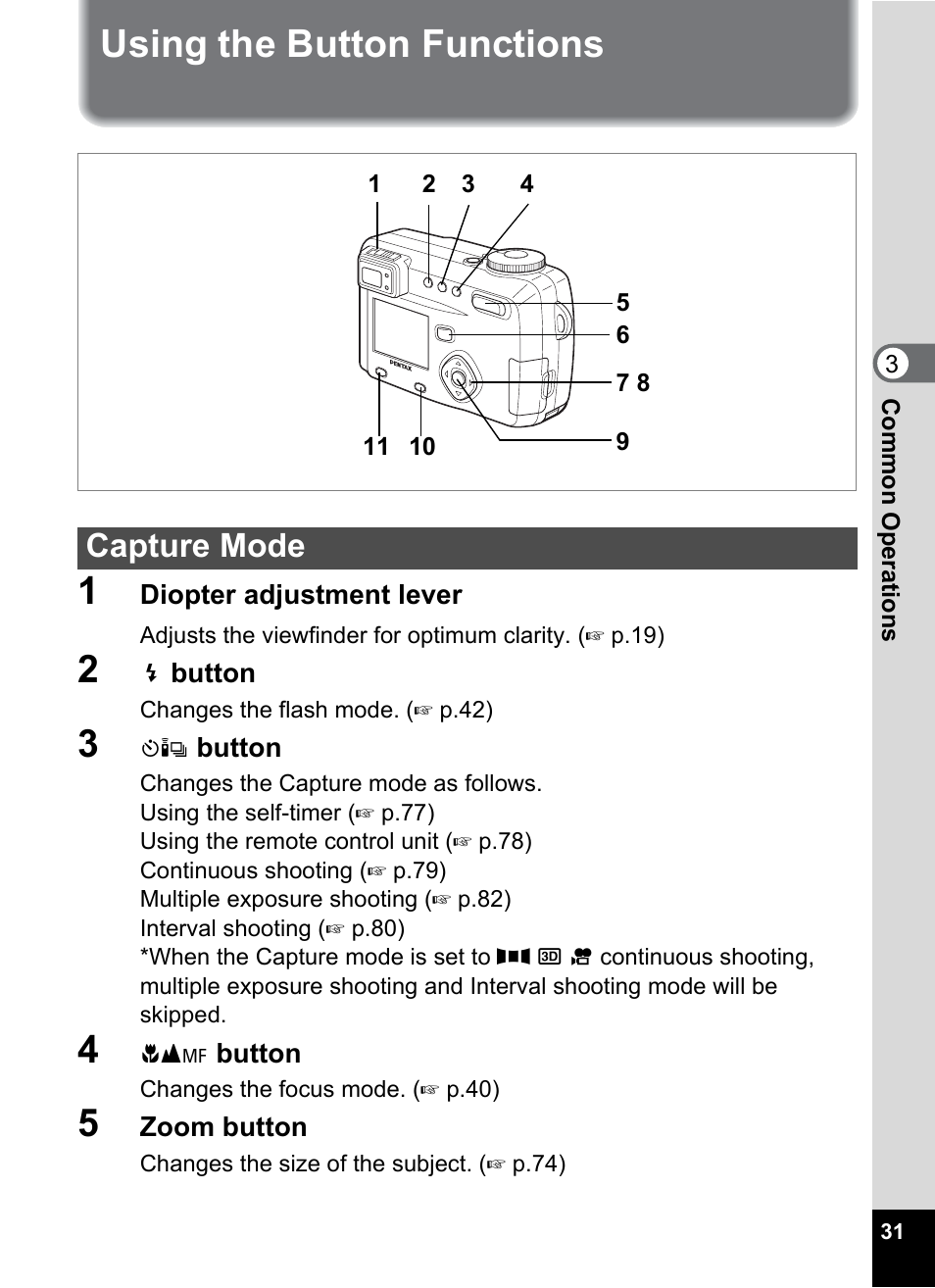 Using the button functions, Capture mode, Using the button functions 1 | Pentax Optio 555 User Manual | Page 33 / 144