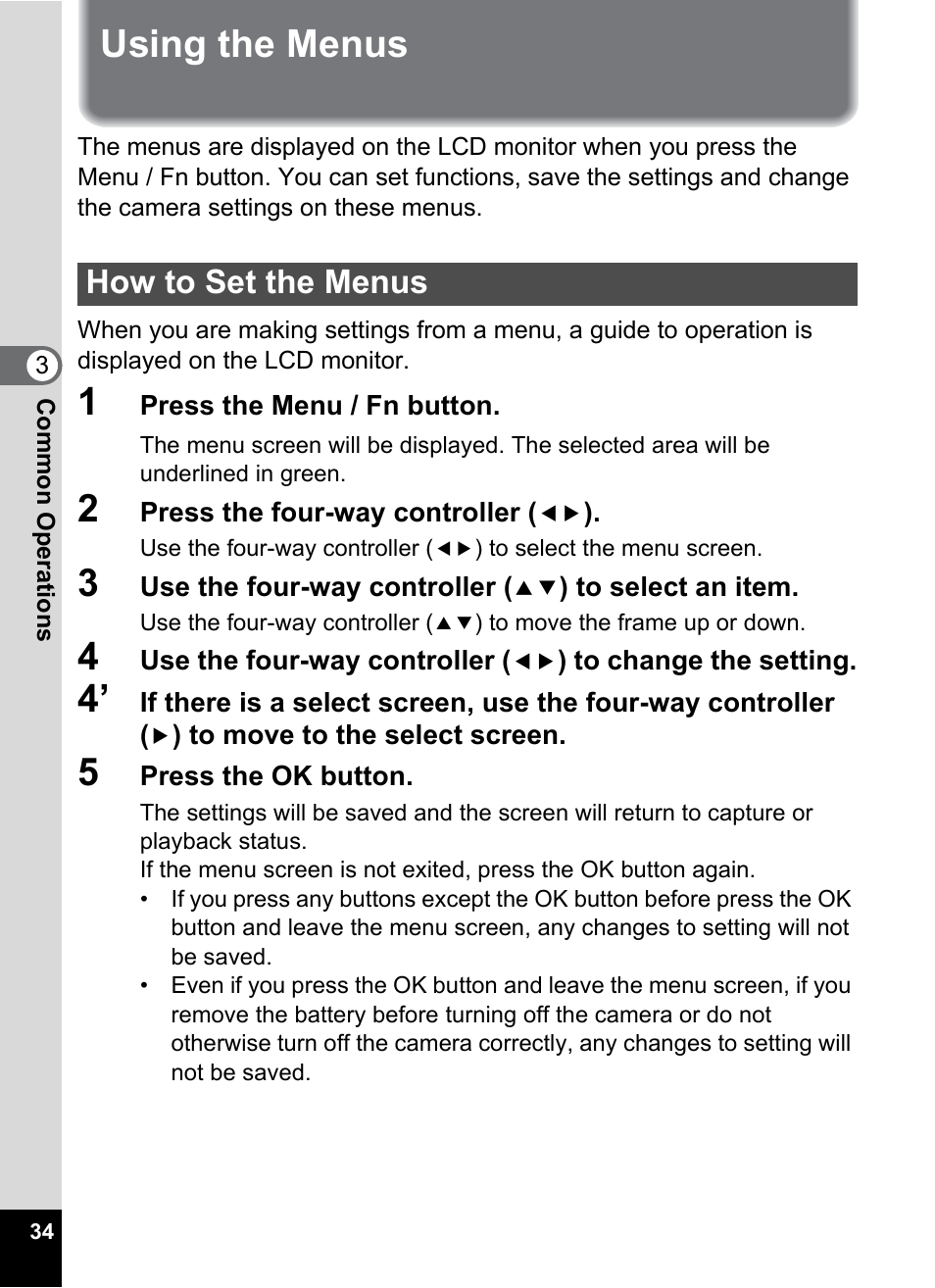 Using the menus, How to set the menus, P.34) | P.34 | Pentax Optio 555 User Manual | Page 36 / 144