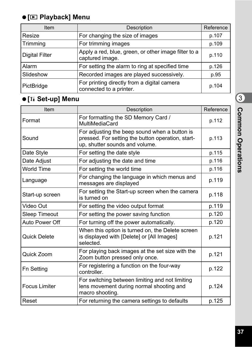 Co mmo n oper atio ns 3, Playback] menu, Set-up] menu | Pentax Optio 555 User Manual | Page 39 / 144