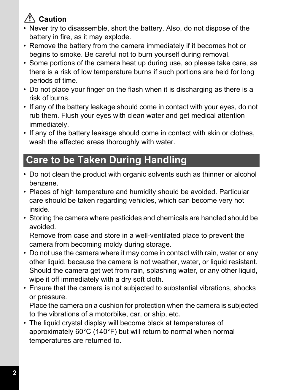 Care to be taken during handling | Pentax Optio 555 User Manual | Page 4 / 144