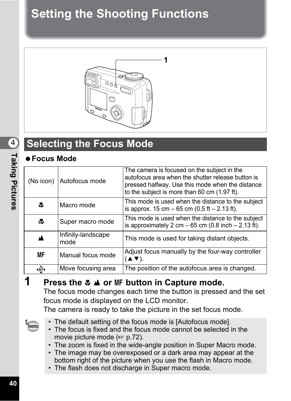 Setting the shooting functions, Selecting the focus mode, P.40) | Pentax Optio 555 User Manual | Page 42 / 144