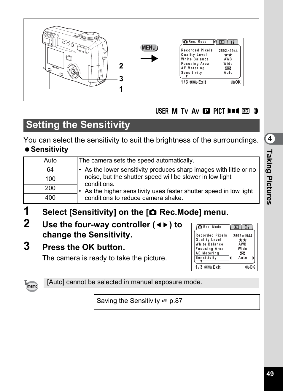 Setting the sensitivity, P.49, Select [sensitivity] on the | Rec.mode] menu, Use the four-way controller, Press the ok button, Taking pictu res 4 | Pentax Optio 555 User Manual | Page 51 / 144