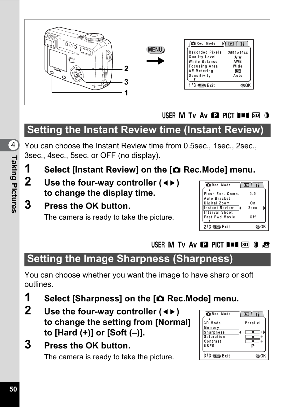 Setting the instant review time (instant review), Setting the image sharpness (sharpness), P.50 | Select [instant review] on the, Rec.mode] menu, Use the four-way controller, Press the ok button, Select [sharpness] on the | Pentax Optio 555 User Manual | Page 52 / 144