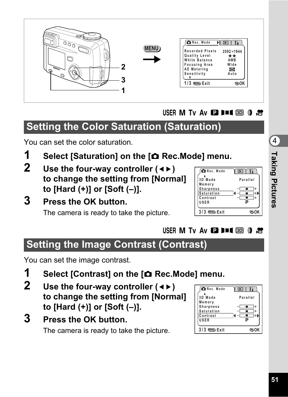Setting the color saturation (saturation), Setting the image contrast (contrast), P.51 | Select [saturation] on the, Rec.mode] menu, Use the four-way controller, Press the ok button, Select [contrast] on the | Pentax Optio 555 User Manual | Page 53 / 144