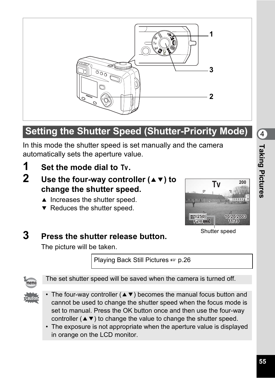 Setting the shutter speed (shutter-priority mode), P.55, Set the mode dial to | Use the four-way controller, Press the shutter release button | Pentax Optio 555 User Manual | Page 57 / 144