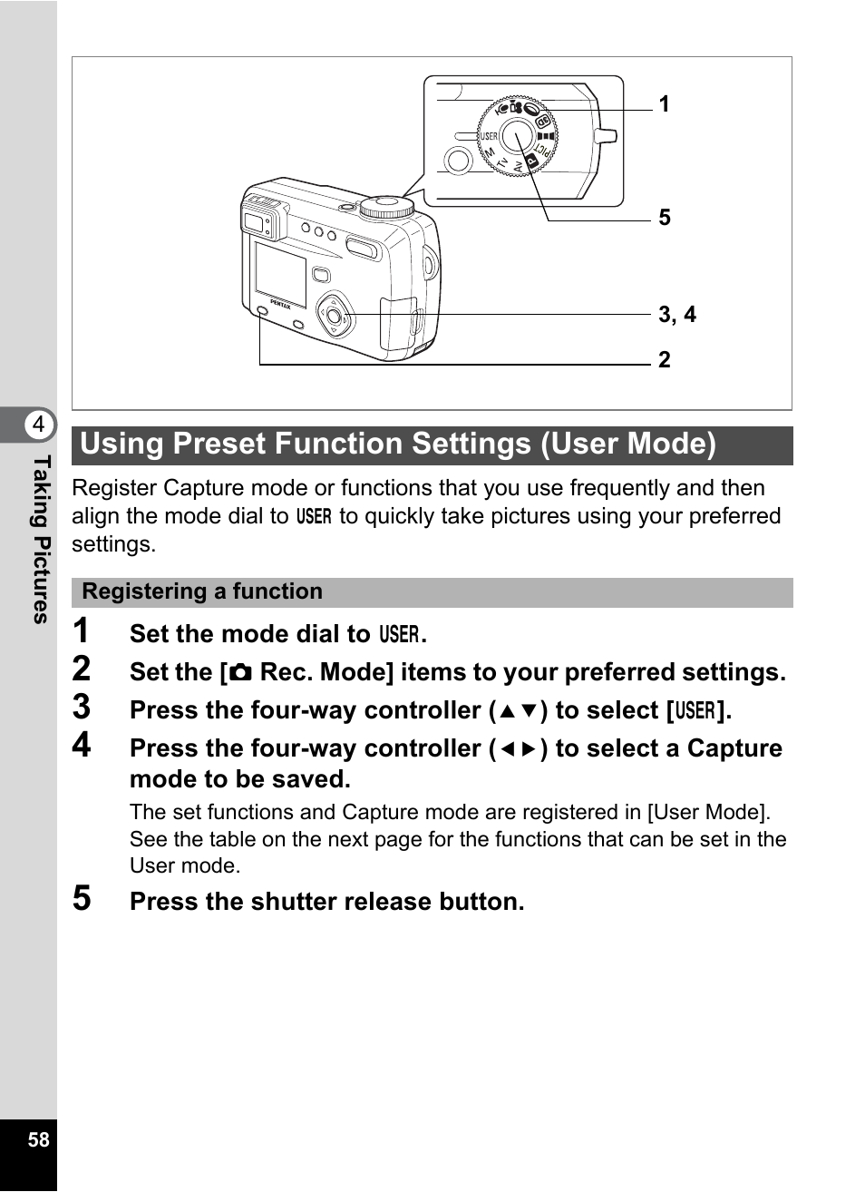 Using preset function settings (user mode), P.58 | Pentax Optio 555 User Manual | Page 60 / 144