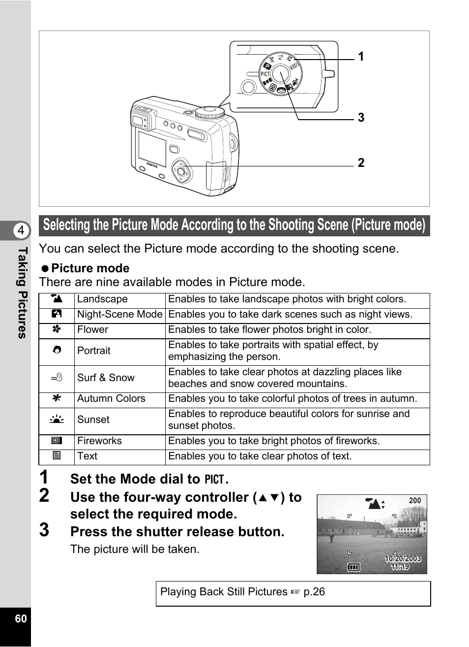 Picture mode), P.60, P.60) | Set the mode dial to, Use the four-way controller, Press the shutter release button | Pentax Optio 555 User Manual | Page 62 / 144