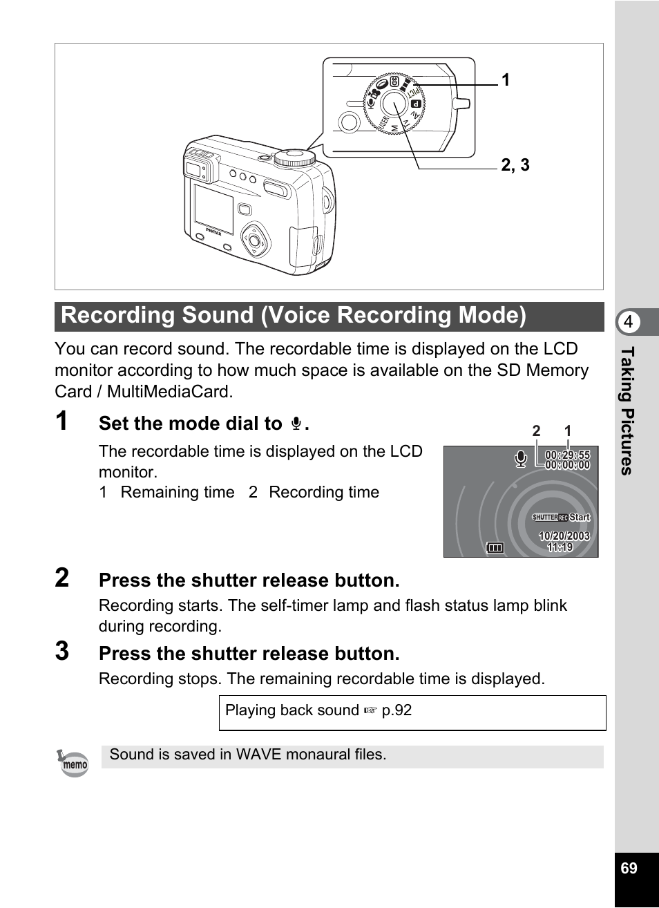 Recording sound (voice recording mode), P.69, Set the mode dial to | Press the shutter release button | Pentax Optio 555 User Manual | Page 71 / 144