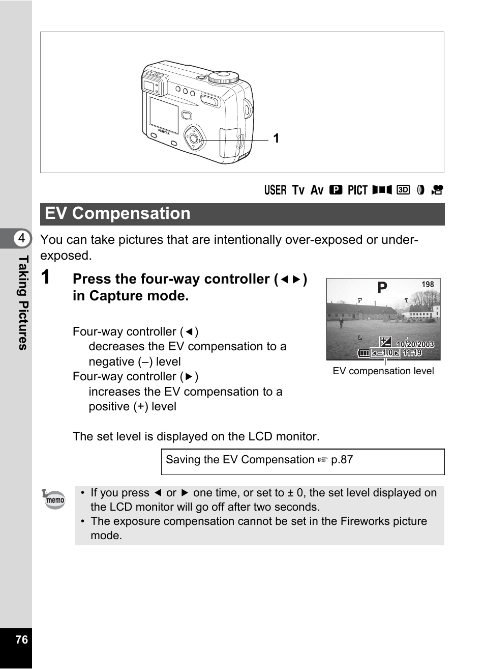 Ev compensation, Press the four-way controller | Pentax Optio 555 User Manual | Page 78 / 144