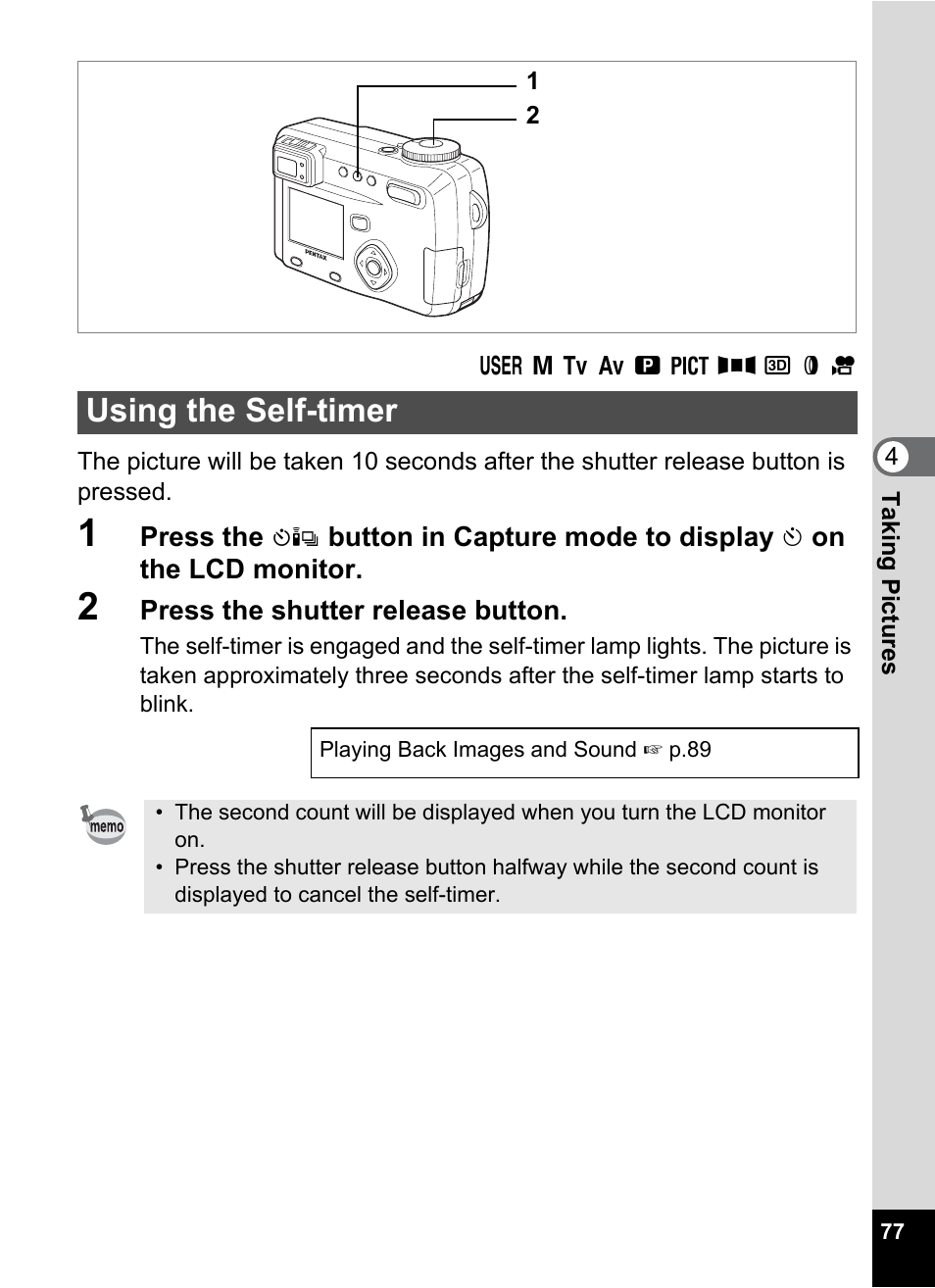 Using the self-timer, P.77 | Pentax Optio 555 User Manual | Page 79 / 144